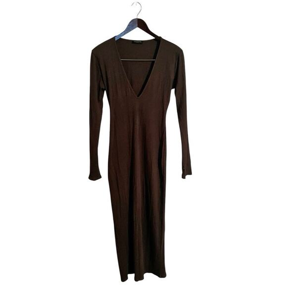 Naked Wardrobe Dresses Naked Wardrobe Brown Ribbed Knit Snatched V
